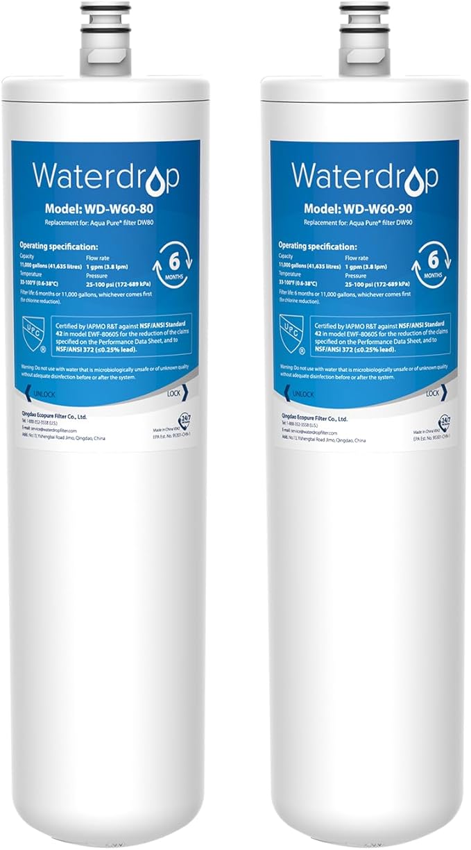 Waterdrop DW80/90 Under Sink Water Filter, Replacement for Aqua-Pure® AP-DW80/90, AP-DWS1000, Kohler® K-201-NA, Kohler® K-202-NA (Pack of 2), Model No.WD-W60-80/90