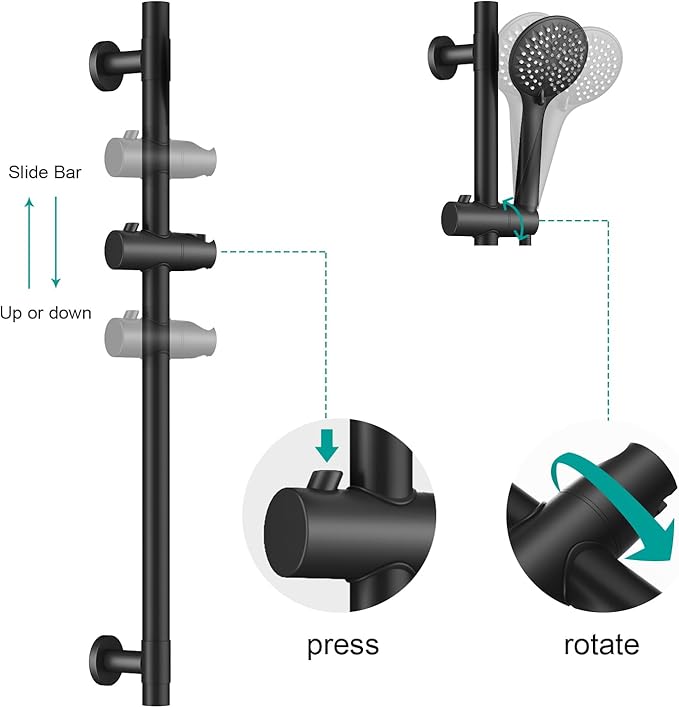 Shower Slide Bar Handheld Shower Head with Hose, 5-Function Hand Shower with Wall Mount，shower slide bar,adjustable height shower head (A-round, Matte Black)