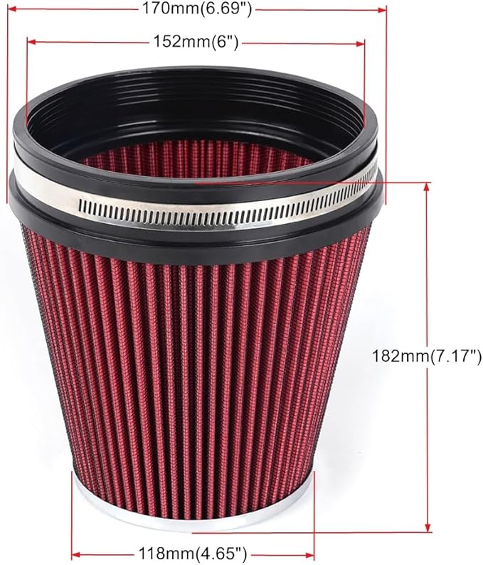 MUGE RACING 6" 152 mm High Flow Inlet Air Filter, Air Intake Cone Filter Replacement Performance Washable Clamp-On Dry, 6'' Tall(Red)