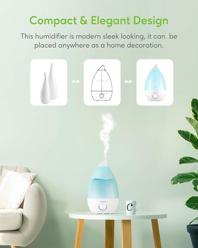 MegaWise Desktop Cool Mist Humidifiers for Bedroom, 24dB Ultrasonic Air Vaporize, Colorful Night Light,0.5 Gal Essential Oil Diffuser, Auto off