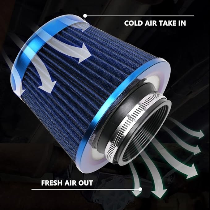 Cold Air Intake Filter, High Performance, Washable Filter, Clamp-On Replacement Air Filter, Flange Diameter 3inch/76mm Blue