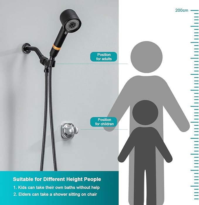 High Pressure Showerhead with Filters, Filtered Shower Head Handheld with ON/OFF Switch,Extra Long 79-inch Hose and Adjustable Angle Bracket Extra Low-Reach Adhesive Wall Mount for Kids (black)