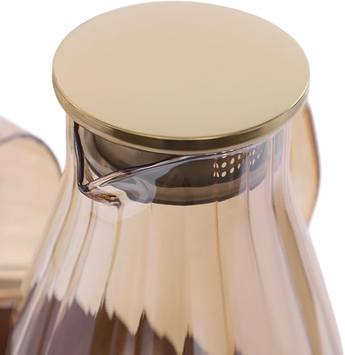 1.5L/50.72 oz Glass Pitcher with Lid & Filter, 6-Pcs Glass Pitcher Set Jug with 6 Water Glasses & Cup Storage Shelf Glasses Water Carafe for Hot/Cold Tea Beverage Large Jug for Iced Juice