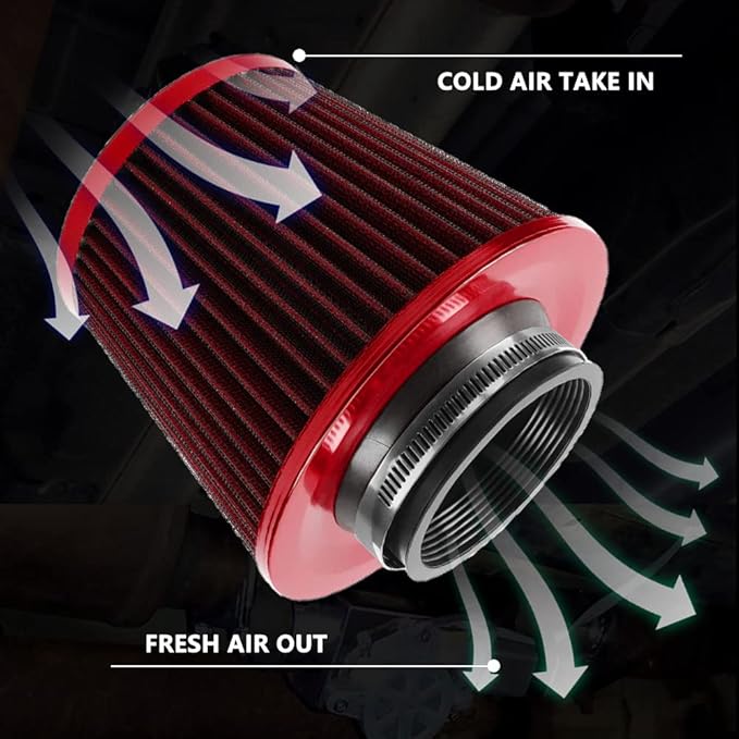 muge racing 3-inch Cold Air Intake Filter 76mm, High Performance Clamp-On Engine Intake Air Filter, Washable Reusable & Universal Round Tapered Replacement Air Filter, Red