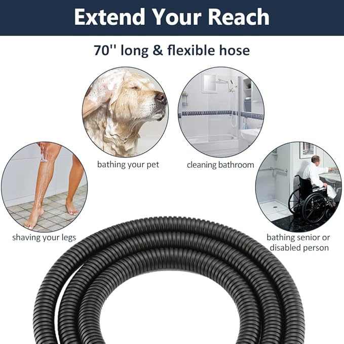 PDPBath All Metal 12" Rainfall Shower Head with 16" Upgrade Flexible Extension Arm, Shower Head with Handheld Combo,70" Extra Long Shower Hose, 3-Way Diverter,Matte Black