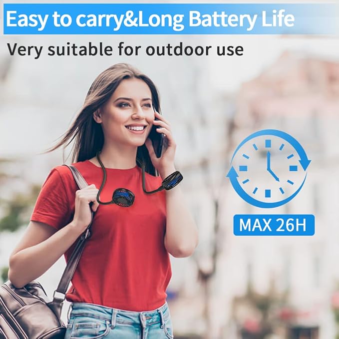 HandFan 5000mAh Portable Neck Fan, Necklace Fan Battery Operated Max 26hrs working, Wearable Fan Rechargeable 6 Speeds, Hands-Free Fan 360° Adjustable for Outdoor Activities Travel Office Home (Black)