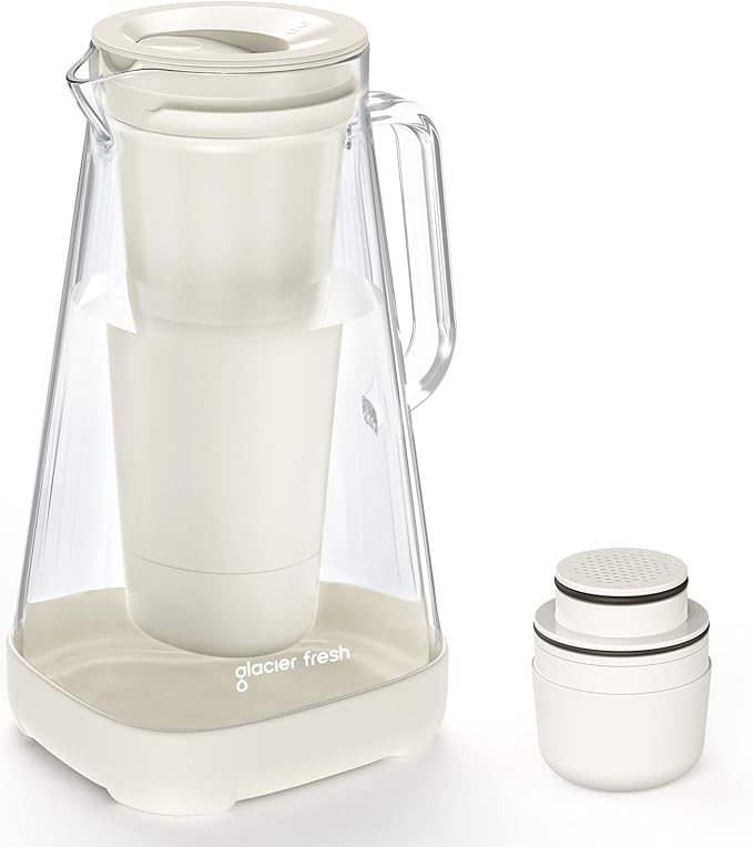 GLACIER FRESH Glass 10 Cup Water Pitcher with 1 Filter of 3X Flow Rate, 5-Stage Filtration Reduces 99% Chlorine and Improve Taste, Eco-Friendly, Bpa Free, White