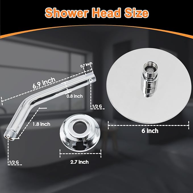 6 Inch Round Rainfall Shower Head with Stainless Steel Arm High Pressure Water Saving Anti-Clog Nozzles Easy Install for Bathroom/Bathtub (Round, Chrome)