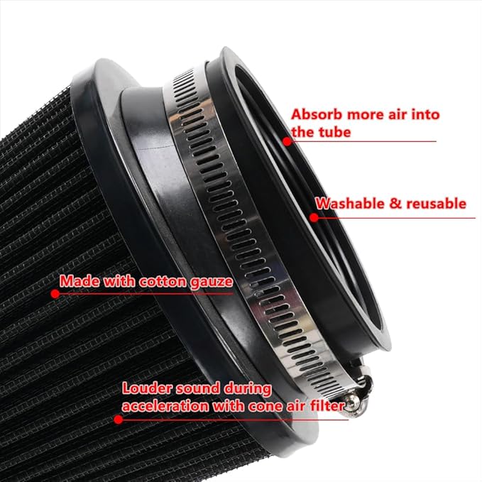 Clamp-On Cold Air Intake Filter, High Performance, Washable Filter, Replacement Air Filter, Flange Diameter 3inch/76mm Black