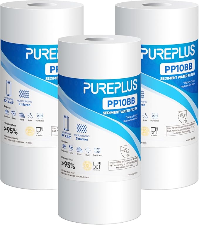 PUREPLUS 5 Micron 10" x 4.5" Whole House Sediment Home Water Filter Replacement Cartridge for Culligan RFC-BBSA, HD-950, WFHD13001B, W15-PR, GXWH30C, GXWH35F, Aqua-Pure AP817, PP10BB, 3PACK