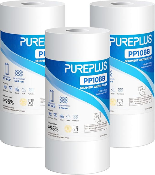 PUREPLUS 5 Micron 10" x 4.5" Whole House Sediment Home Water Filter Replacement Cartridge for Culligan RFC-BBSA, HD-950, WFHD13001B, W15-PR, GXWH30C, GXWH35F, Aqua-Pure AP817, PP10BB, 3PACK