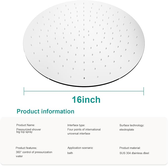 All Metal Rain Shower Head - Heavy Duty Stainless Steel, Easy Install, High Water Flow, Ultra-Thin Modern Design for Bathroom (Chrome, 16)