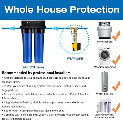iSpring WGB22B 2-Stage Whole House Water Filtration System, 20” x 4.5” Sediment & Carbon Block Filters, Removes up to 99% Chlorine, Fine Sediment and Bad Taste Removal
