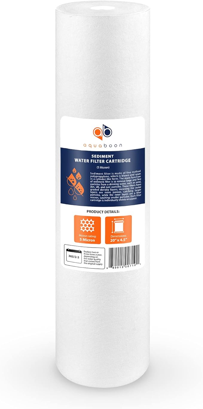 Aquaboon 5 Micron 20 x 4.5 Water Filter Cartridges Set of 4, Whole House Water Filter Replacements for 2-Stage Sediment & Chlorine, Odors Reduction