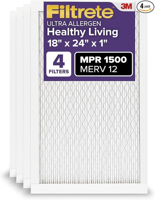 Filtrete 18x24x1 AC Furnace Air Filter, MERV 12, MPR 1500, CERTIFIED asthma & allergy friendly, 3 Month Pleated 1-Inch Electrostatic Air Cleaning Filter, 4-Pack (Actual Size 17.81 x 23.81 x 0.78 in)