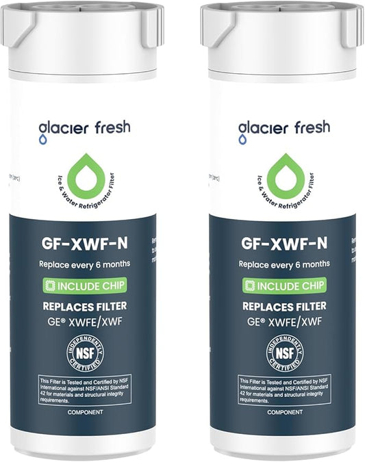 GLACIER FRESH Water Filter Compatible with XWFE (Built-in CHIP), Replacement for GE XWFE, XWF Refrigerator Water Filter NSF/ANSI 42 Certification Pack of 2