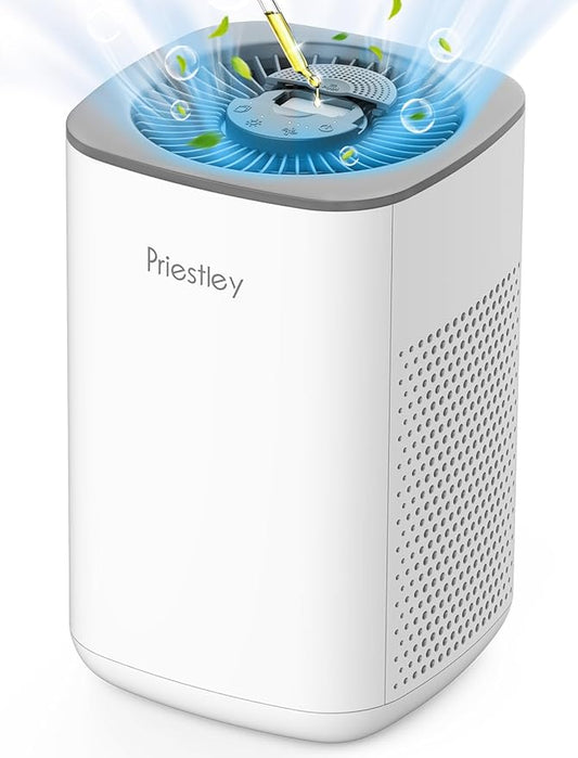 Priestley Small Air Purifiers for Home Bedroom Dorm Office Desktop, 20dB Quiet 3-in-1 HEPA Air Purifier with Essential Oil Diffuser, Air Filters Smoke, Allergies, Pet Dander, Odor, Dust