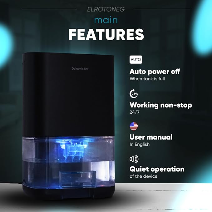 Dehumidifier ELROTONEG, 35 OZ Water Tank (300 sq. ft), Small Dehumidifier for Basement with Auto-Off, Sleep Mode and LED Lighting (Black)