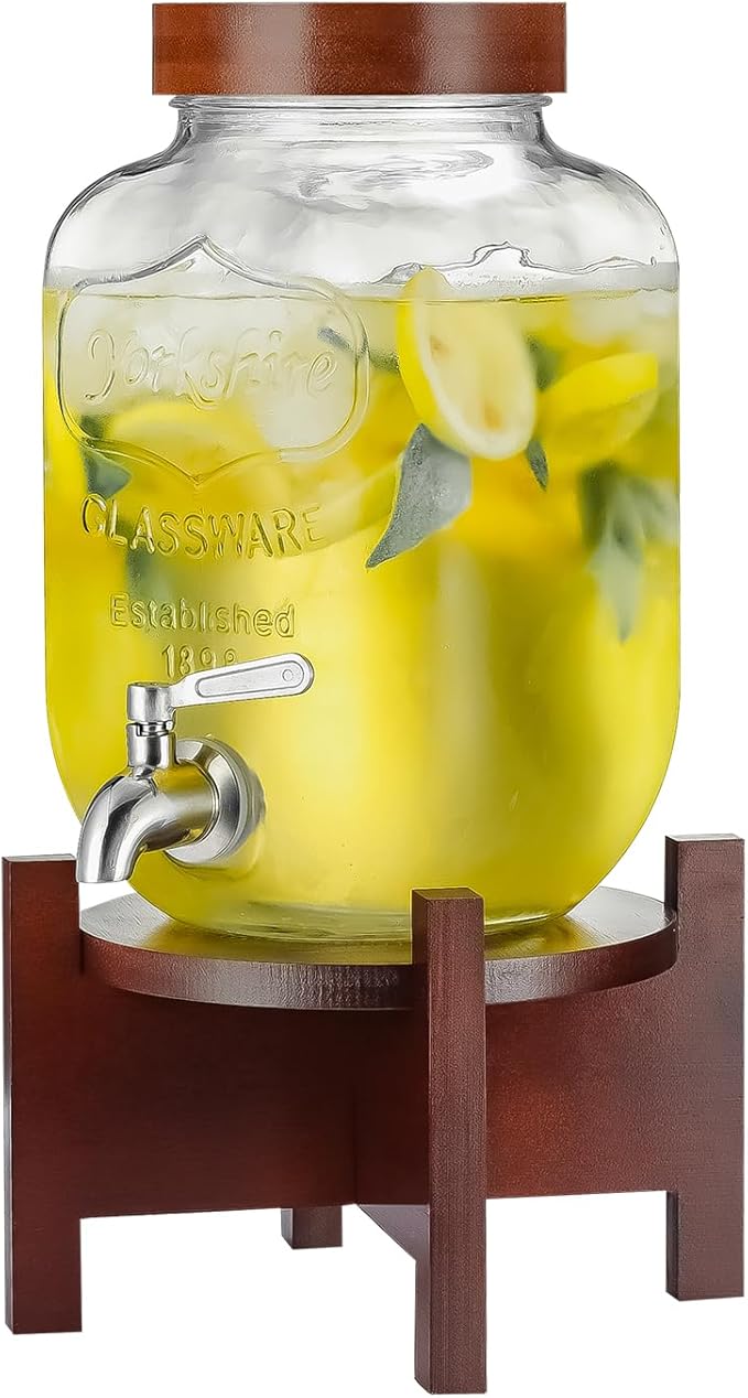 Glass Drink Dispenser with Acacia Wood Stand and Lid,1 Gallon Beverage Dispenser with Stainless Steel Spigot for Parties,Picnics,Barbecues,Lemonade,Sun tea Jar,ice coffee,Laundry Detergent Dispenser