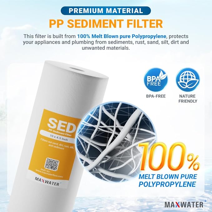 Max Water 5 Micron 10 x 4.5 inch Whole house Sediment Water Filter | Meltblown Polypropylene Well Water Filter Replacement Cartridges for DGD-5005, AP810, SDC-45-1001, GXWH30C, PP10BB (20 Pack)