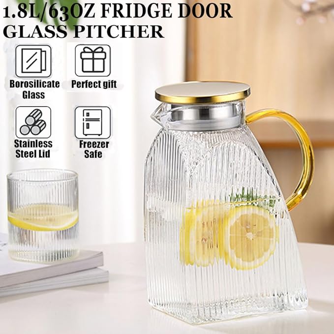Glass Pitcher with Stainless Steel Gold Lid - 1.8L Ideal Fridge Door Water Pitcher for Hot or Cold Beverage, Iced Tea, Juice, Milk, Coffee, Lemonade