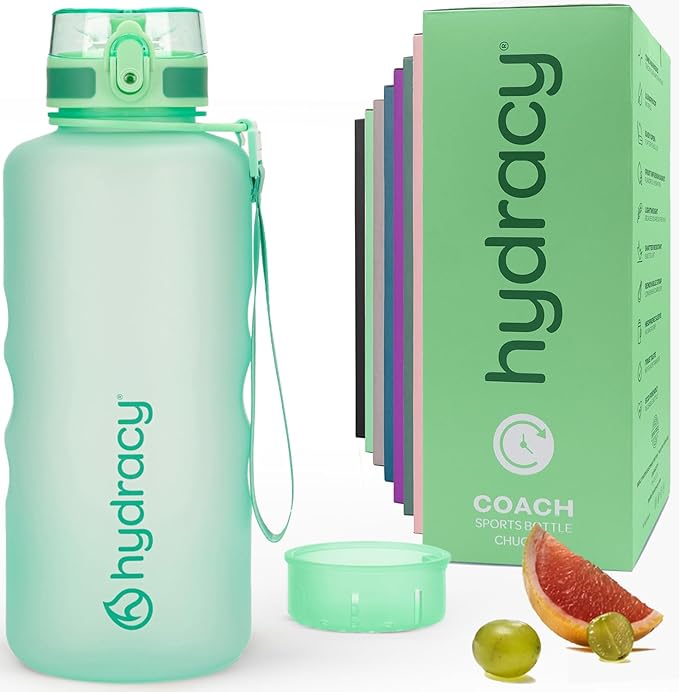 Hydracy Water Bottle with Time Marker -Large BPA Free Water Bottle & No Sweat Sleeve -Leak Proof Gym Bottle with Fruit Infuser Strainer & Times to Drink -Ideal for Fitness Sports & Outdoors