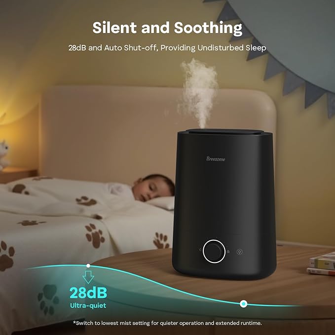 BREEZOME 5L Humidifiers for Bedroom, Ultrasonic Cool Mist Top Fill Humidifier & Essential Oil Diffuser, 360°Nozzle, Auto Shut-off, 50H Runtime, Quiet Humidifiers for Large Room, Baby Nursery, Plants