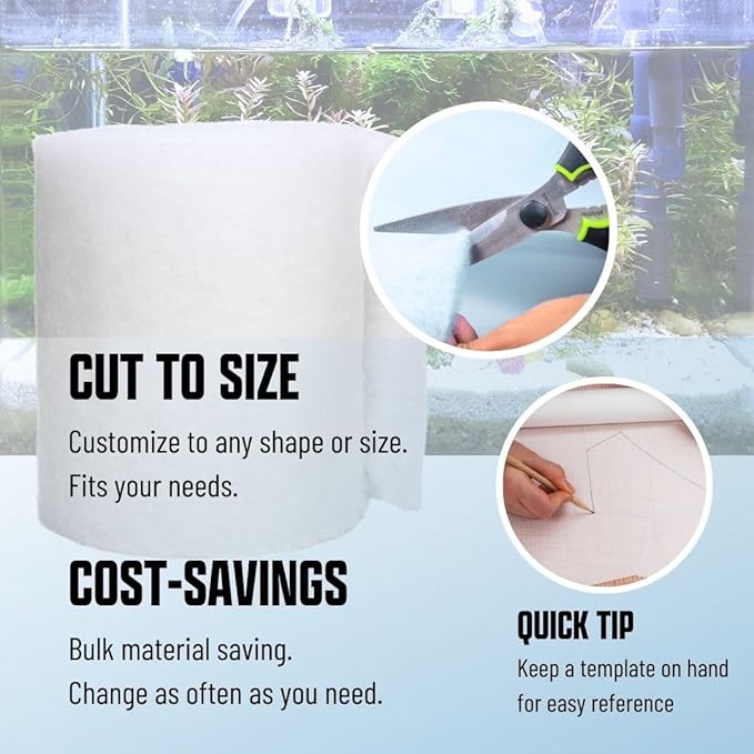 Premium Aquarium Filter Media Pad - Cut-to-Fit Roll, Fresh and Saltwater Safe, Blue & Dye-Free Options, Made in USA (Dye Free, 12"x120" (10 ft) x 0.75")