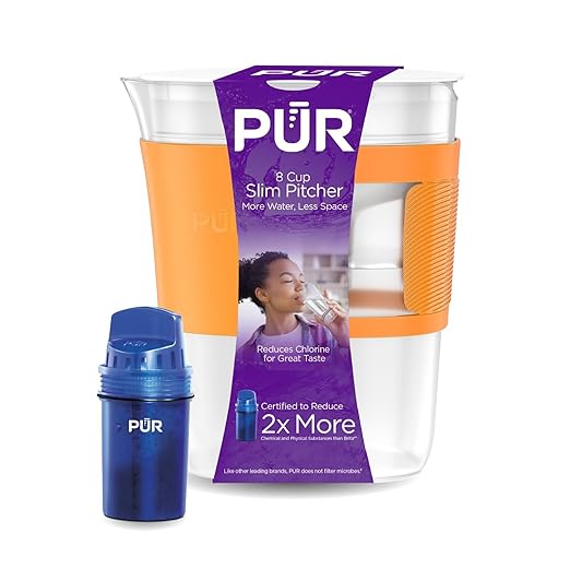 PUR Water Filter Pitcher Slim Design 8 Cup Capacity with 1 Filter, Dishwasher Safe, Faster Filtration, Water Purifier for Cleaner, Great Tasting Water, Ideal for Compact Space, Dorm Room, Tangerine