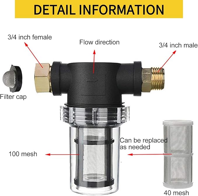 Garden Hose Filter for Pressure Washer Inlet Water, Sediment Filter Attachment,100 Mesh Screen,with 1Extra 100 Mesh, 4PCS O-Ring and 4PCS Filter Hose Washer