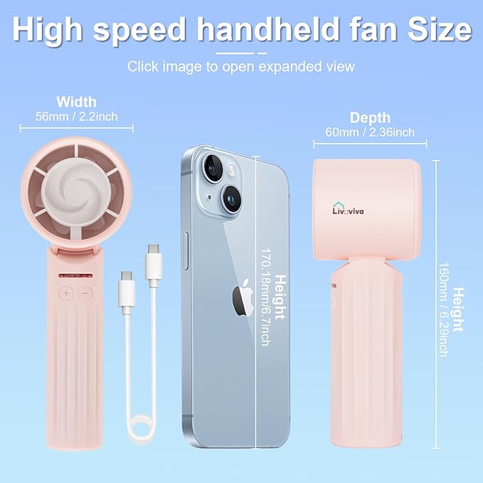 Handheld fan, adjustable blowing angle, mini portable turbo fan, USB Type-C rechargeable, infinitely variable speed high-speed personal fan, 11 Hours Battery Life (Pink)