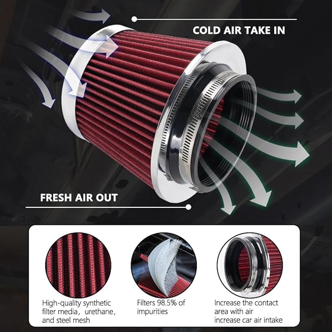 4-Inch Cold Air Intake Filter - Washable, High Performance, 3" or 3-1/2" or 4" Clamp-On Replacement Air Filter Red