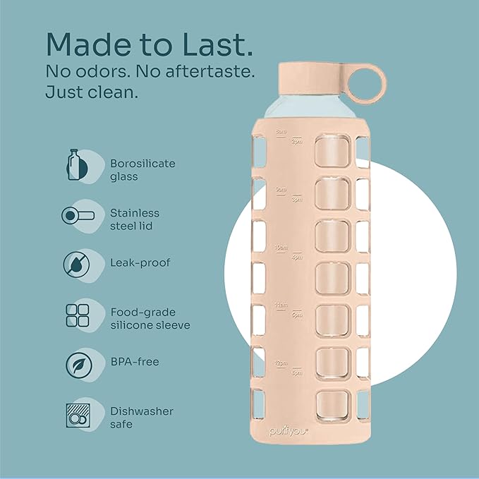 purifyou 40oz / 32oz / 22oz / 12oz Borosilicate Glass Water Bottle with Time & Volume Markers, Silicone Sleeve, Stainless Steel Lid | Reusable Glass Bottle for Water & Juice (32oz Hazelnut)