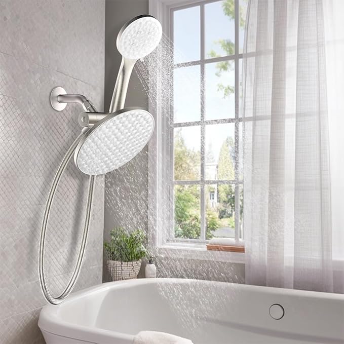 8.6 inch High Pressure 3-Way Shower Heads Combo, Pulsating Rainfall Shower Head, 6-Settings Dual Shower Head with Handheld Hose 6ft Brushed Nickel