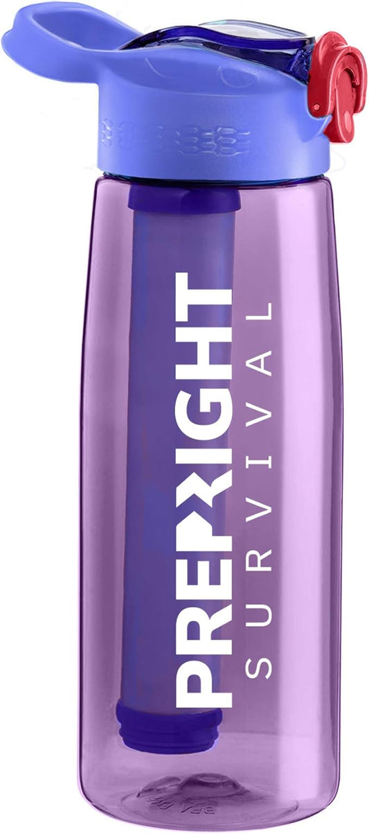 Survival – 4-Stage Water Filter Bottle, BPA-Free 22oz Camping Water Bottle with Built-In Compass, Travel and Emergency Preparedness Gear, Purple