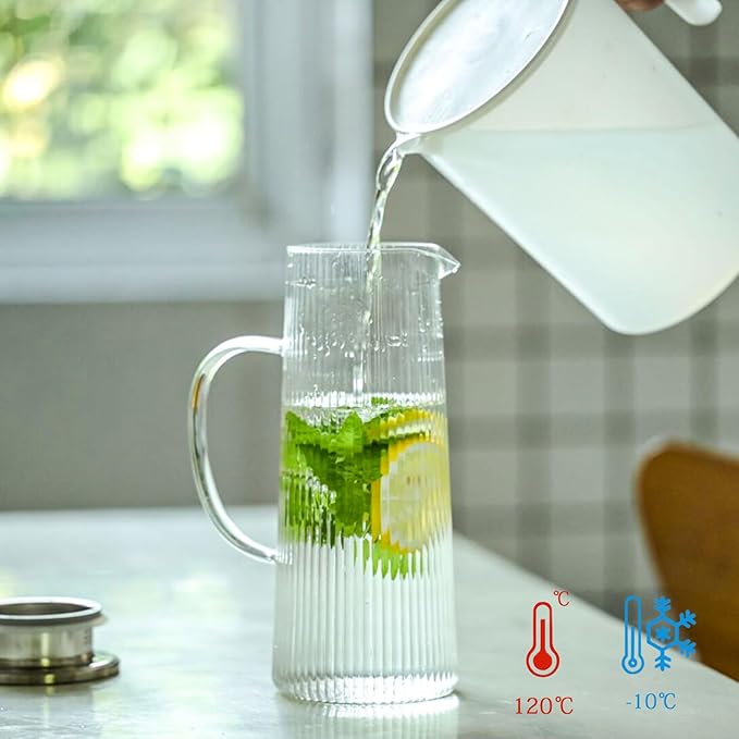Glass Pitcher with Lid, 40 oz/1.2 Liter Glass Water Pitcher, Ice Tea Brewing, Hand Blown Small Pitchers for Drinks, Coffee, Juice, Lemonade, and Hot/Cold Beverages, Heat Resistant
