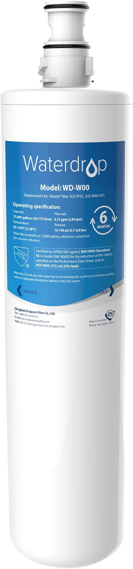 Waterdrop 3US-MAX-F01 3US-PF01 Maximum Replacement Filter, Replacement for Filtrete® Advanced 3US-PF01, 3US-MAX-F01, 3US-PS01, 3US-MAX-S01, Manitowoc K-00337, K-00338, NSF/ANSI 42 Certified
