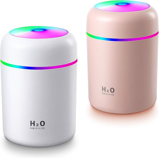 2 Pieces Cool Mist Portable Mini Humidifiers, 300 ml, Quiet USB Personal Desktop Humidifiers with 2 Mist Modes and Auto Shut Off for Bedroom Home (Pink, White)