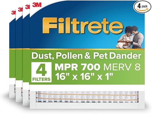 Filtrete 16x16x1 AC Furnace Air Filter, MPR 700, MERV 8, Tough on Pollen, Easy on Airflow, 3-Month Pleated 1-Inch Electrostatic Air Cleaning Filter, 4-Pack (Actual Size 15.81 x 15.81 x 0.81 in)