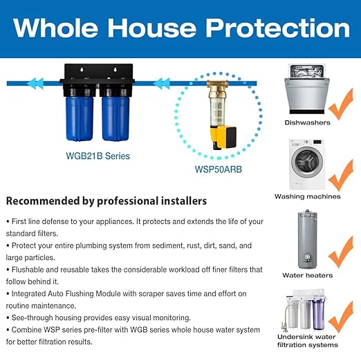 iSpring WGB21BM 2-Stage Whole House Water Filtration System, 10” x 4.5” Carbon Block and Iron & Manganese Reducing Filters, 1" Ports
