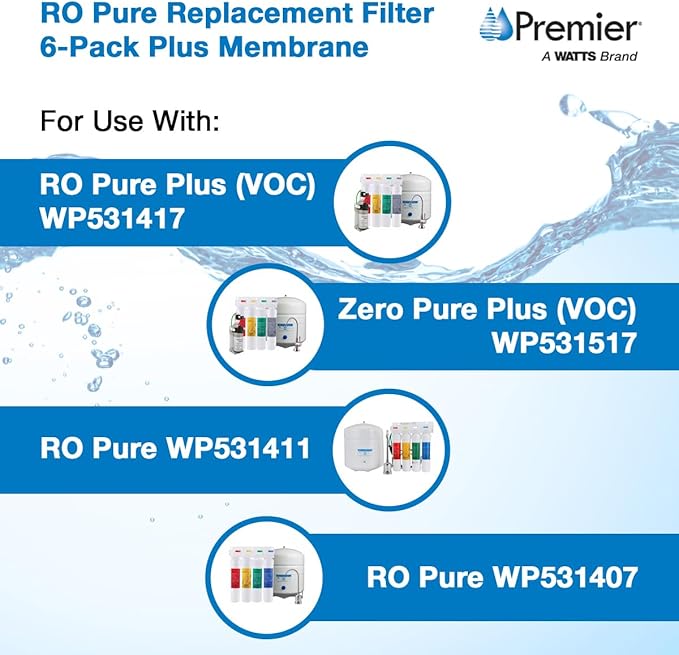 Watts Premier Annual RO Pure 6-Pack Filtration Kit for Zero/Pure Plus Reverse Osmosis System, Push Button Water Filter Replacement, 2 Sediment Filters, 2 Carbon Pre-Filters, 1 Post-Filter, Membrane