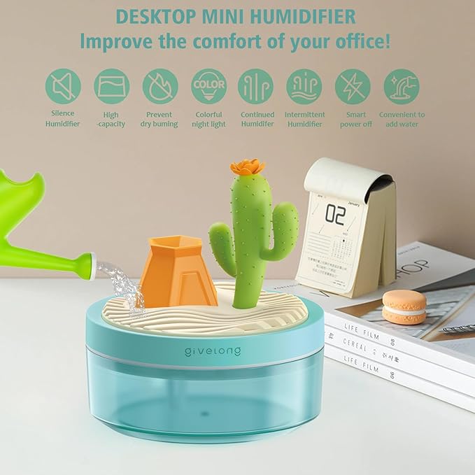 Mini Portable Desktop Humidifiers for Bedroom,Small Humidifier with Cactus Landscape,Quiet,Cool Mist, Auto Off,7 Colors Night Light,320ml Air Humidifier Home Office Travel (Green)