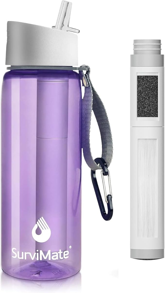 Survimate 5-Stage 0.01μm Ultra-Filtration Filtered Water Bottle, BPA-Free Material, NSF/ANSI 42&372 Certified, Portable Water Filter Bottle for Survival, Camping, Hiking, and Emergency Use