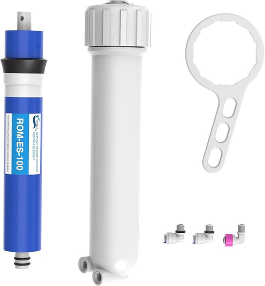 100 GPD RO Membrane Filter Replacement with Reverse Osmosis Membrane Housing, Wrench, 1/4" Quick-Connect Fitting, Check Valve, Fit Under Sink RO Home Drinking Water Filter Filtration Purifier System