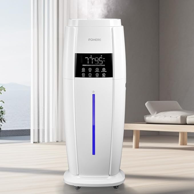 FOHERE 4.8Gal/18L Humidifier Large Room, Easy Top Fill Cool Mist Tower Humidifiers Quiet for Home, Plant, Office, Commercial, Whole House Cover up to 1500ft², with Smart Humidity Sensor, Remote, White