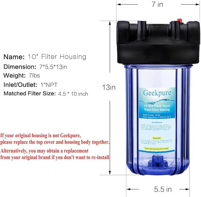 Geekpure 10 Inch Water Filter Housing for Whole House Water Filtration with Wrench Bracket -1" Port-Clear -4.5" x 10" (3)