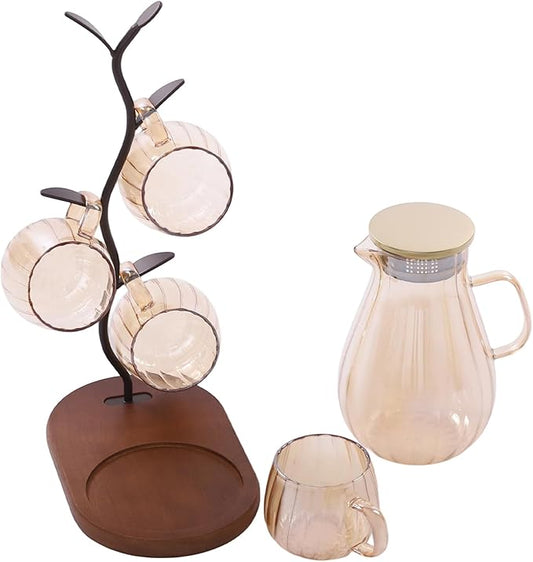 1.5L/50.72 oz Glass Pitcher with Lid & Filter, 6-Pcs Glass Pitcher Set Jug with 6 Water Glasses & Cup Storage Shelf Glasses Water Carafe for Hot/Cold Tea Beverage Large Jug for Iced Juice