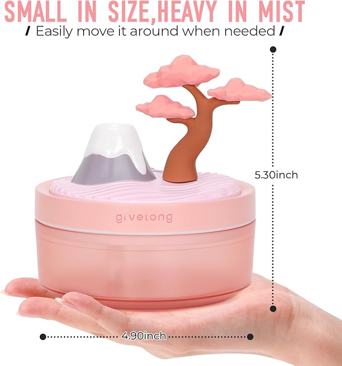 Cute Mini Humidifier, 320ml Pink Cherry Tree Desktop Humidifiers for Bedroom, Portable Small Cool Mist Humidification for Home, Baby Nursery, Office & Indoor Plants, USB Powered