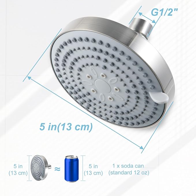 OFFO Shower Head, High Pressure Shower Head with 6 Mode, Fixed Showerheads for Strong Water Flow & Relaxing Shower Experience, Brushed Nickel
