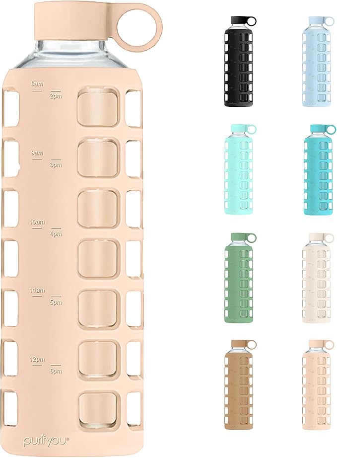 purifyou 40oz / 32oz / 22oz / 12oz Borosilicate Glass Water Bottle with Time & Volume Markers, Silicone Sleeve, Stainless Steel Lid | Reusable Glass Bottle for Water & Juice (40oz Hazelnut)